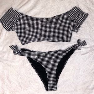 Off The Shoulder Checkered Swim Set